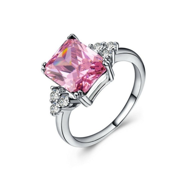 Elegant 925 Silver Princess Cut Pink Sapphire Ring - Picture 4 of 4